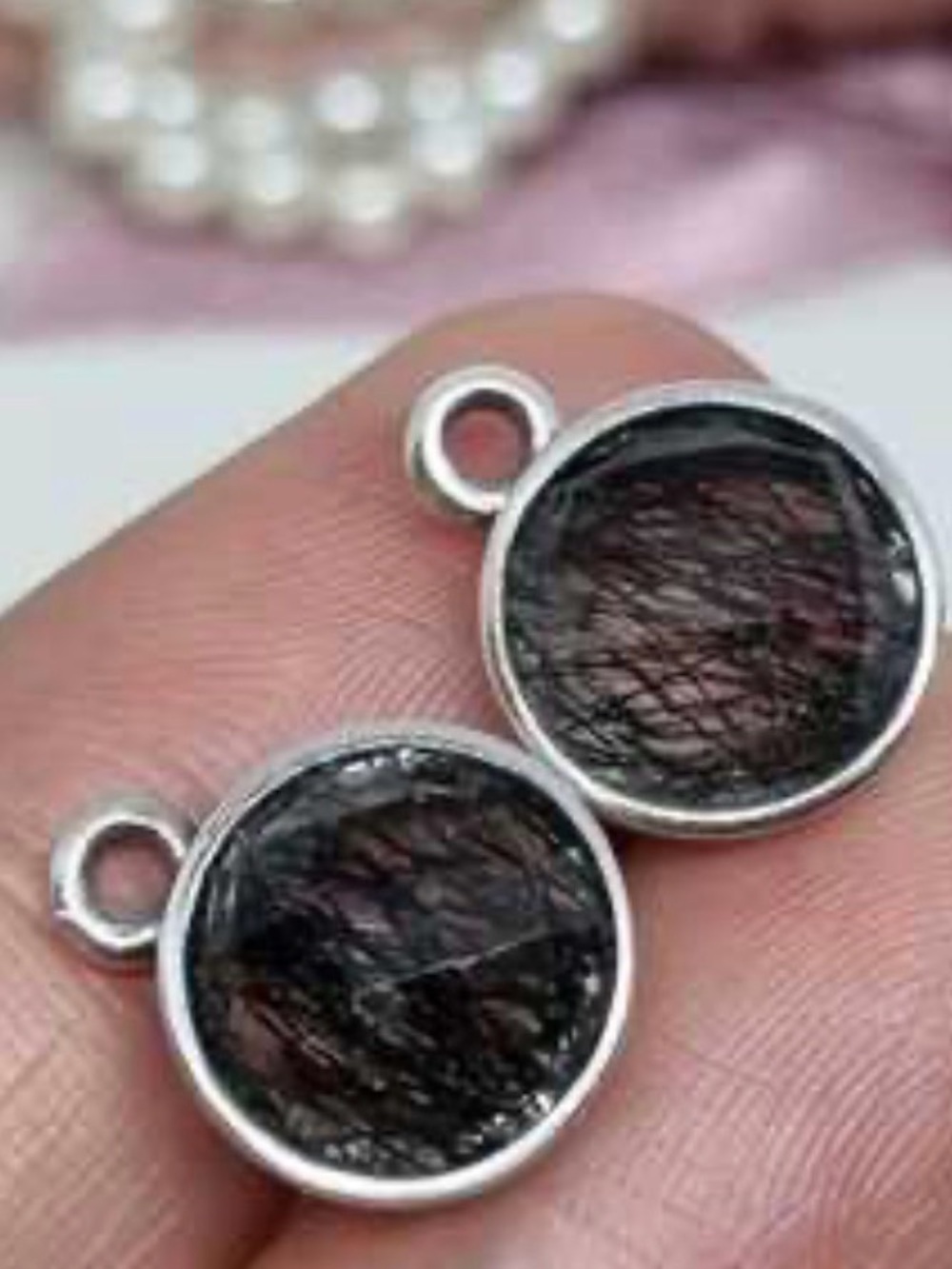 Pandora Sterling Silver Black Rutilated Round Earrings